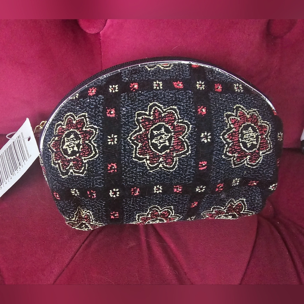 Black cream red textured boho mandala small makeup cosmetic Bag purse pouch